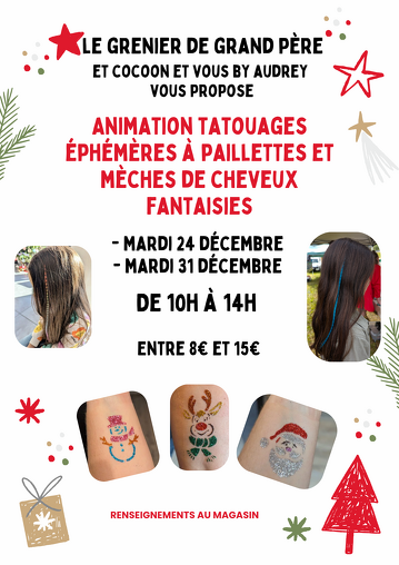 Tatouages éphémères à paillettes et mèches de cheveux fantaisies au Grenier de Grand Père_Le Corbier